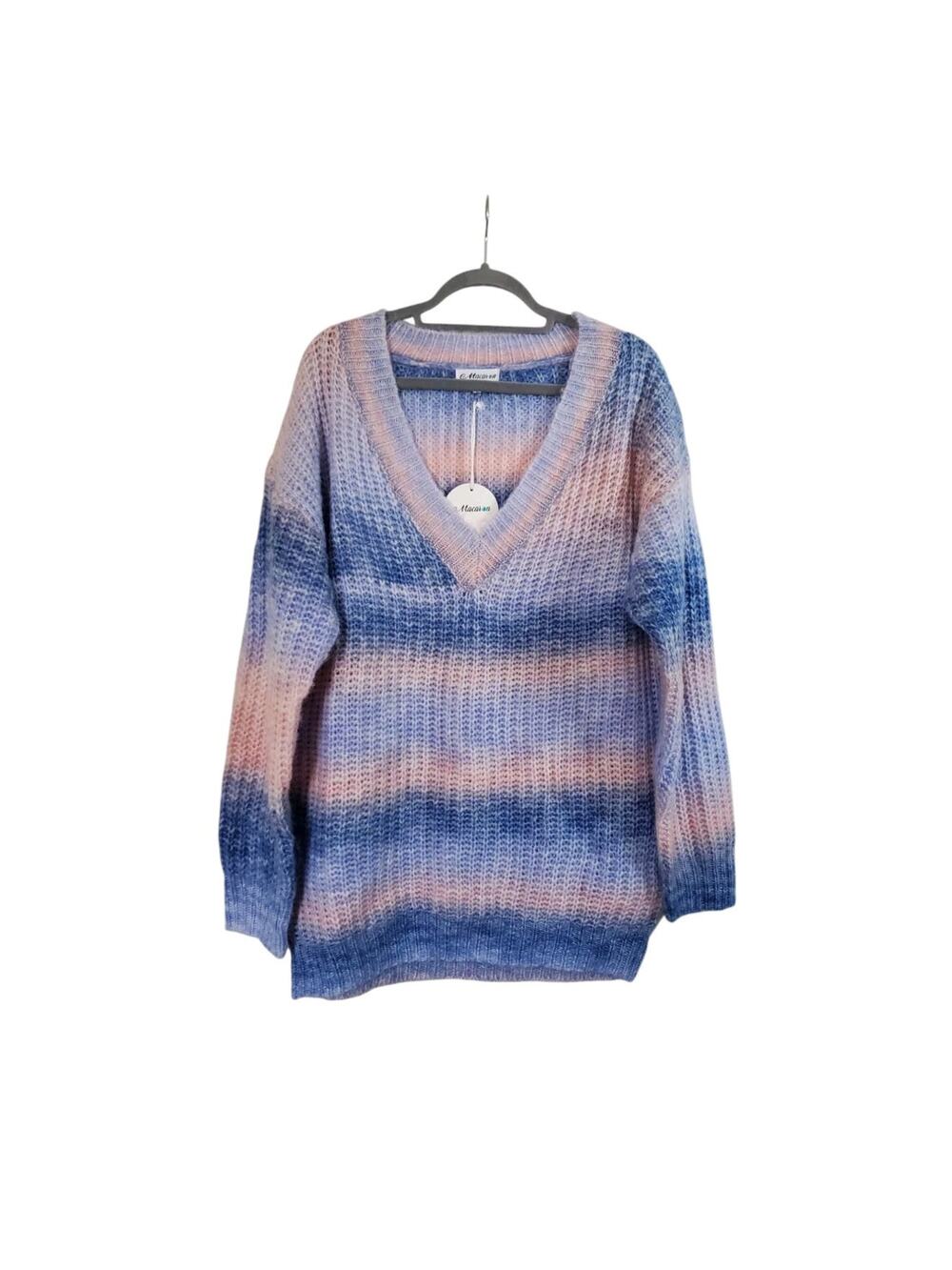 Macaron Oversized Chunky Blue Pink Ombre Cozy Wool Blend Sweater NWT, Sz Medium